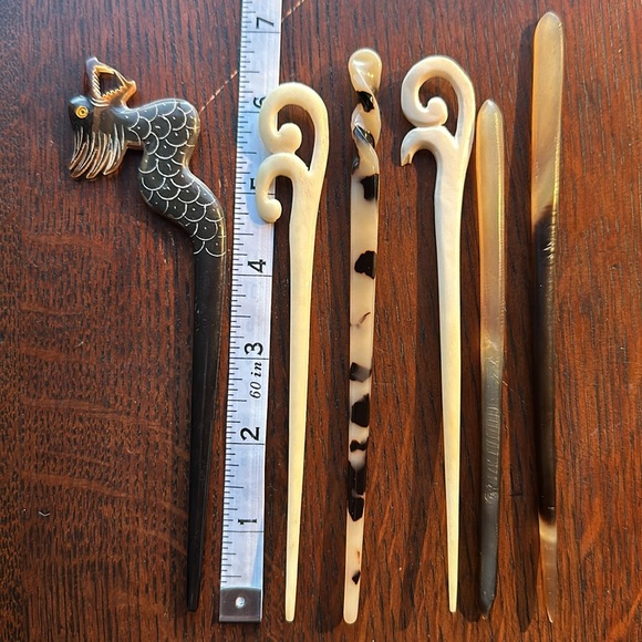 15 hair sticks from my travels around the world…metal, bone, black pearls & horn - Picture 16 of 16